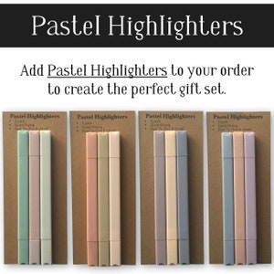 May include: Three sets of pastel highlighters, each set containing three highlighters in different pastel shades. The highlighters have dual tips, one fine and one chisel. The text on the packaging reads "Pastel Highlighters", "3 pack", "Quick Drying", and "Dual Tip (fine & chisel)".