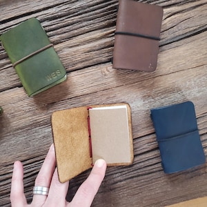 Mini Personalized Leather Bifold Notebook Cover, A8 Refillable Journal, Customizable Gift, A8 Size - 3.25" x 2.25"