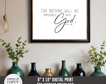 Arte mural de Lucas 1:37 - Porque nada es imposible para Dios - Descarga digital en PDF imprimible - Arte mural bíblico, decoración del hogar, regalo cristiano