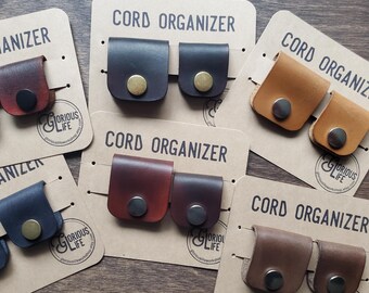 Leather Cord Organizer, Cable Tie, Set of 2, Hand-Dyed Veg Tanned Leather, Customizable Gift