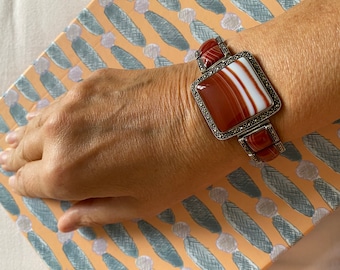 Vintage Gebänderter Achat Sterling Silber Markasit Armband, 1970er Jahre Gliederarmband