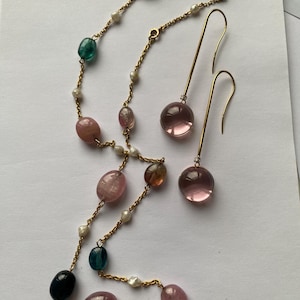 Antique Edwardian 14kyg station necklace with natural multi colored tourmaline beads and baroque pearls Circa 1900’s