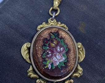 Antique gold micro mosaic floral motief pendant Made in Italy An antique tourist souvenir piece in a gold frame with a dog clip clasp