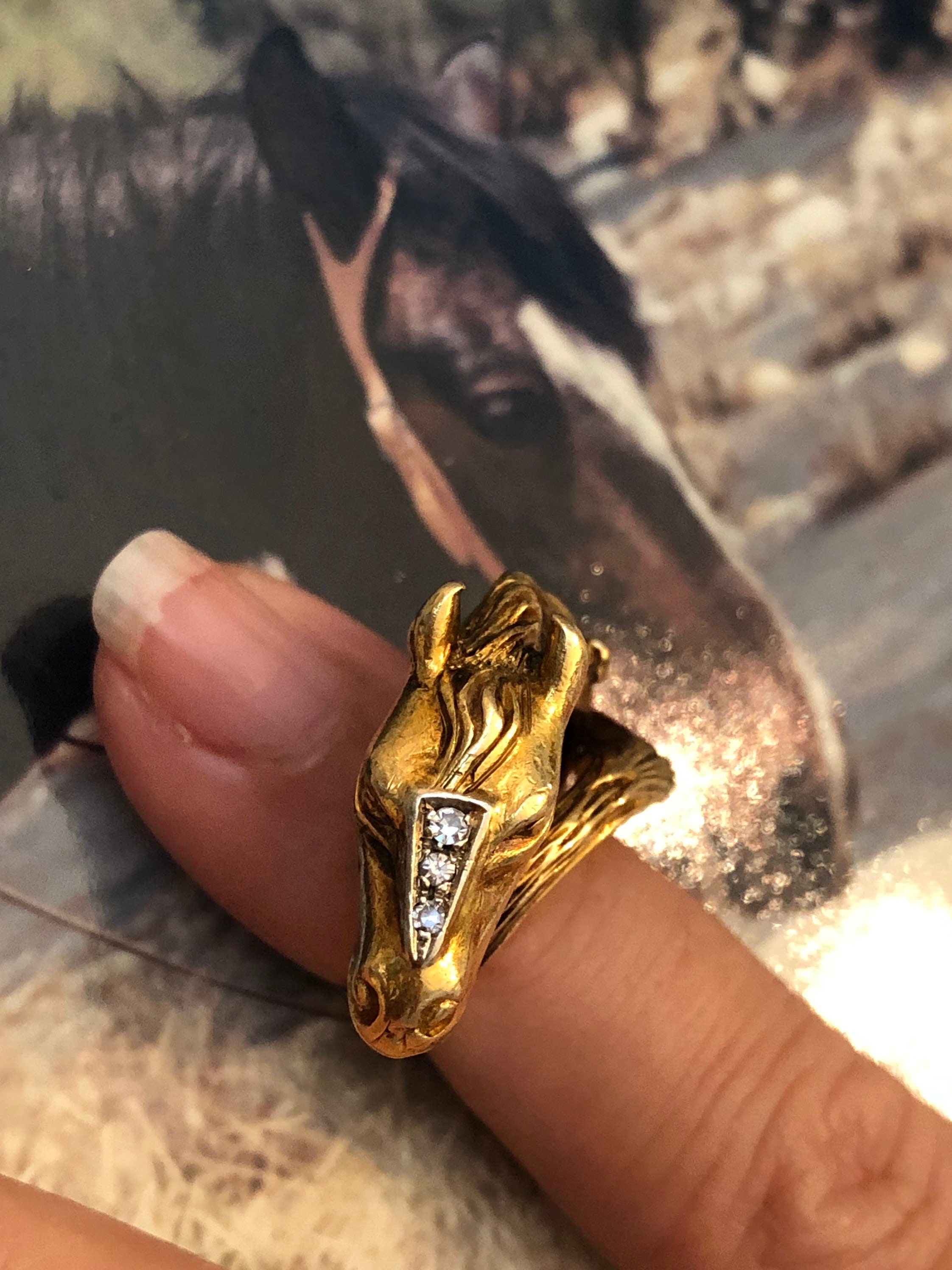 Vintage 70s 18 Karat Yellow Gold Horse Head Ring Made in 