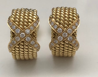 Vintage 1970 18 karat yellow gold 6 row rope with a diamond X half hoop pair of clip on earrings made by Tiffany and Co for Schulmberger