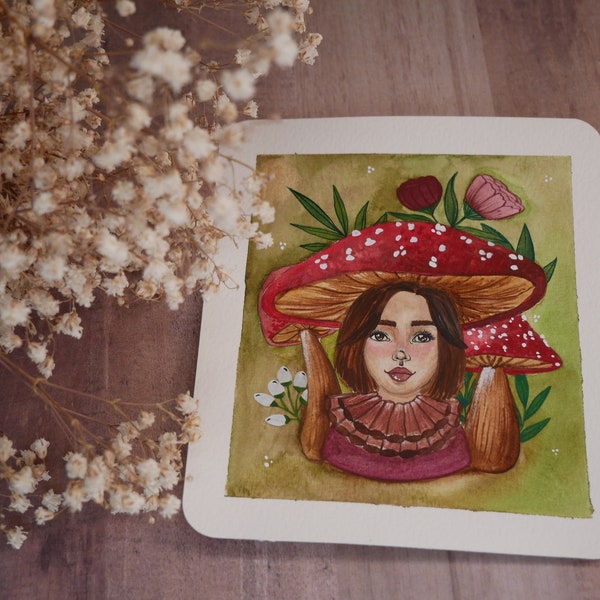 Illustration à l’aquarelle - originale et unique - Madame Champignon