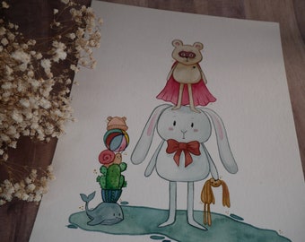 Aquarelle unique et originale - "Mr Lapin et son compagnon super-héros"