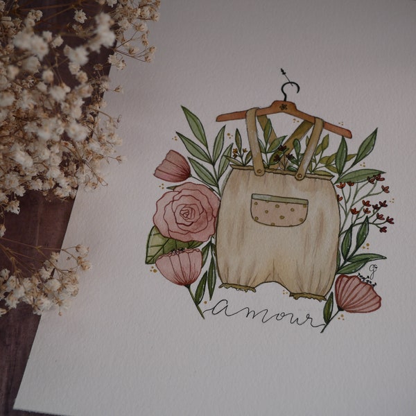 Aquarelle originale et unique - Vêtement vintage bébé - Chambre bébé