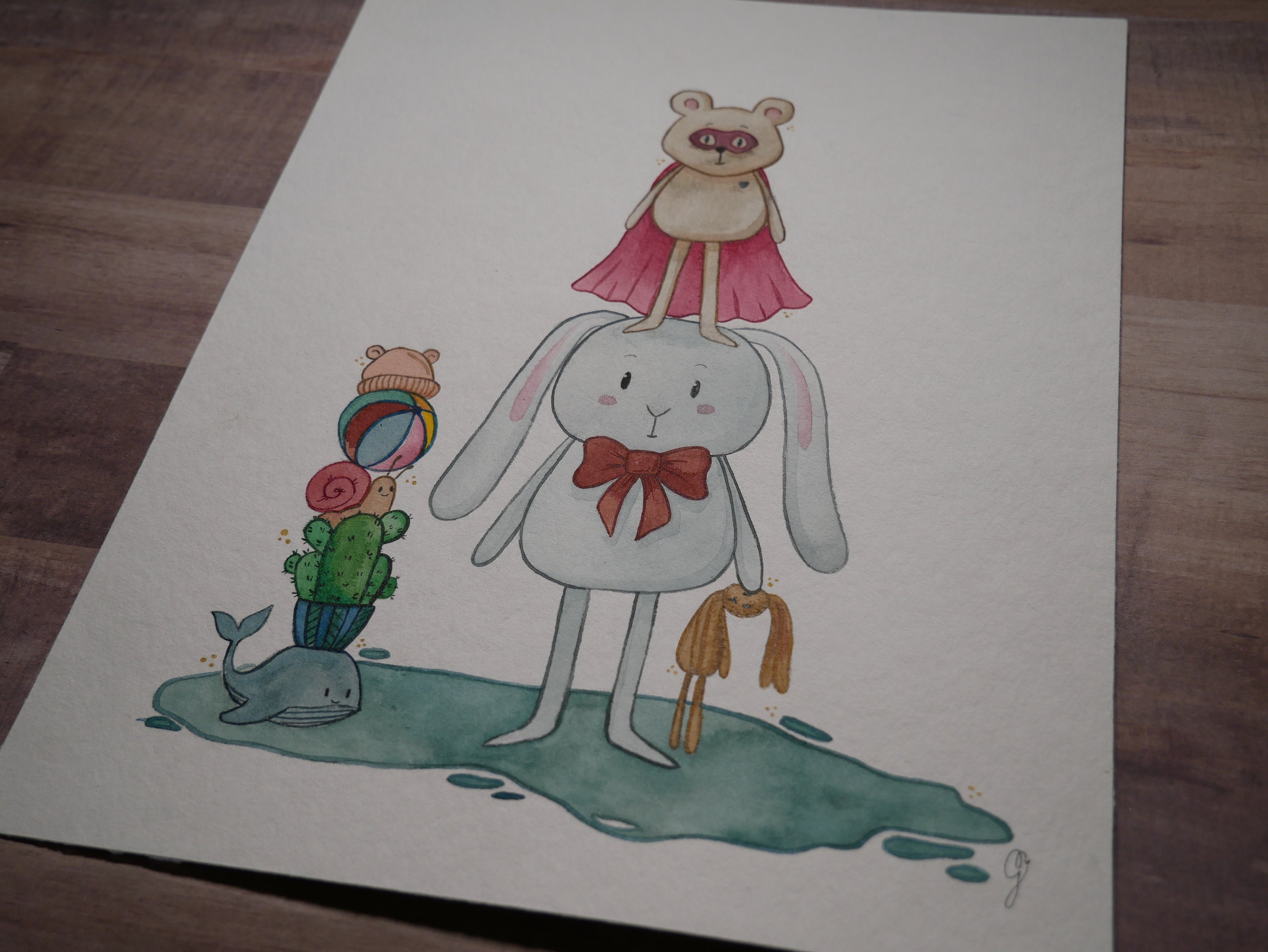 Aquarelle Unique et Originale - Mr Lapin Son Compagnon Super-Héros