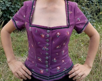 Rare vintage 90s women purple cotton top  , brand Anno Domini Design , elegant German  cottage style, bavarian trachten fashion