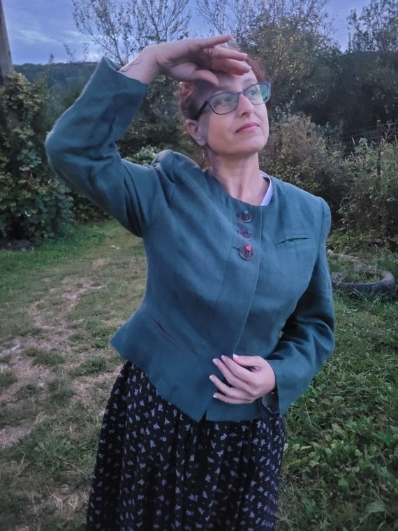 Vintage 90s women green linen blazer  , brand Elh… - image 2