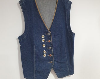 Vintage 90s jeans hippie vest , size L , Edelweiss embroidery ,boho style