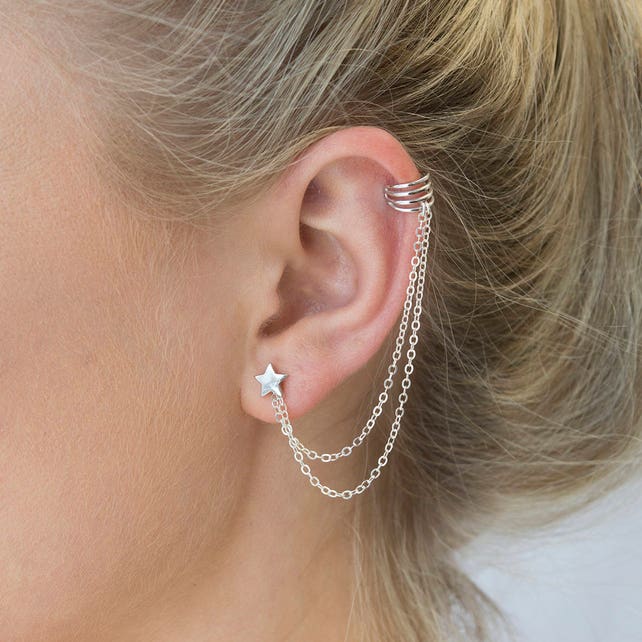 Silver Ear Cuff And Chain With Star Moon Stud ear cuff Etsy