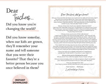 May include: Printable teacher gift with a heartfelt message. The design features a framed letter with text about teachers' impact, including the phrases "Dear teachers..." and "A heartfelt way to say thank you."
