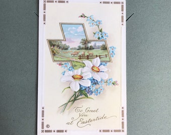 Antieke Pasen Ansichtkaart Vakantie Postkaart Reliëf Metallic Gouden Weide Bloemen Bloemen Kruis Religieuze Christelijke Lente Groeten 1920s Oud