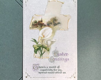 Antique Easter Postcard Holiday Post Card Embossed Cross Religious Easter Lily Church Saying Spring Greetings 1900s Old Ephemera Collectible