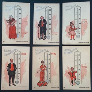 Antigo conjunto de cartões postais vitorianos do dia dos namorados com 6 temperaturas do amor por AH C Eckstone 1907 Termômetro de ebulição congelante desenho animado engraçado