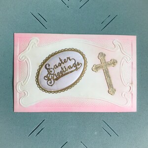 Antique Carte postale de Pâques Carte postale gaufrée Rose Crème Croix Religieuse Satin Oeuf de Pâques Printemps Salutations 1900s Éphémère De Collection