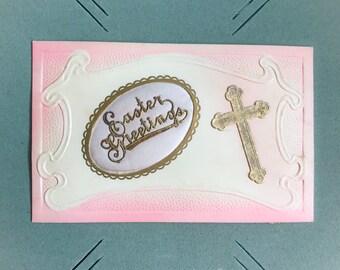 Antieke Pasen Ansichtkaart Vakantie Postkaart Reliëf Roze Crème Kruis Religieuze Satijn Easter Egg Lente Groeten 1900s Ephemera Collectible