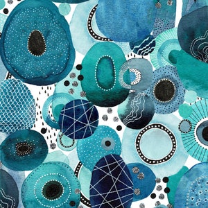 May include: Abstract watercolor painting featuring a pattern of overlapping circles in shades of blue and teal. The circles are decorated with white and black lines and dots.