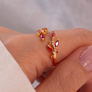 Garnet Leaf Ring 925 Sterling Silver Adjustable Ring Mother's day gift