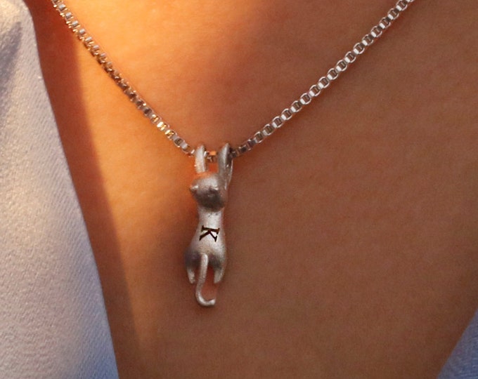 Hanging Cat 925 Silver Necklace Personalize Little Kitty Cat Necklace Matte Finished Silver Cat Lover Gift