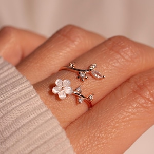 Geburts-Blumen-Ring 925 Sterling Silber Weihnachtsgeschenk Perlmutt Sakura Ringe einstellbar zarte personalisierte Birthstone Geschenk