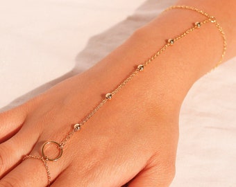 Gold Ball chain ring bracelet Her Link Ring Bracelet slave Bracelet Finger Chain Bracelet