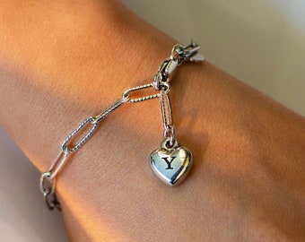 Engraved Heart Silver Paperclip Chain Bracelet: Personalized Initial