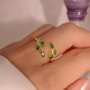 Emerald Leaf Ring 925 Sterling Silver Adjustable Everyday Jewelry, Birthstone Personalized Gift