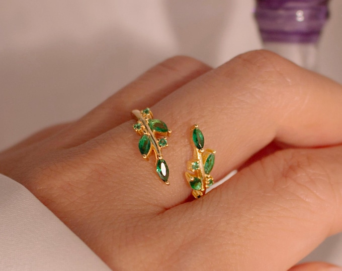 Emerald Leaf Ring 925 Sterling Silver May birth ring Adjustable Everyday Jewelry, Birthstone Personalized Gift