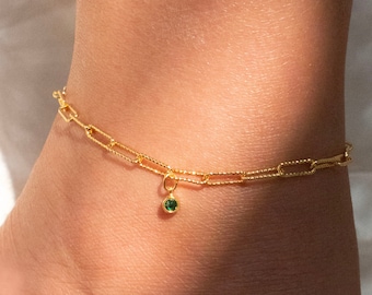 Birthstone anklet gold silver rose gold paper clip chain anklets personalized your initial valentines day gift