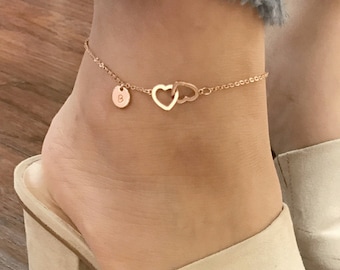 Personalized Double Hearts Anklet Initial Hand stamped gift Gold Plated Anniversary Gift for Birthday