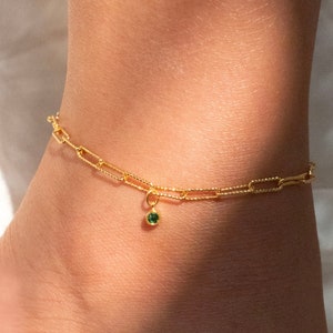 Birthstone anklet gold silver rose gold paper clip chain anklets personalized your initial valentines day gift