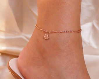 Rose gold tiny cute heart initial anklet personalized hand stamped ankle bracelet gift for her