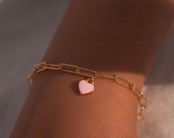 Pink heart initial bracelet paper clip heart bracelets personalized initial gold plated bracelet