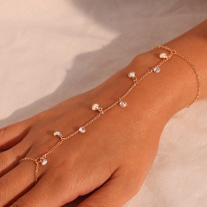 Pearl and cubic Hand Chain Bracelet for Her Link Ring Bracelet slave Bracelet Finger Chain Bracelet