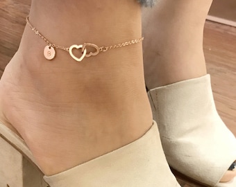 Personalized Double Hearts Anklet Initial Hand stamped gift Gold Plated Anniversary Gift for Birthday