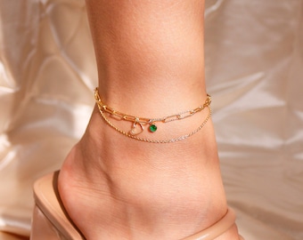 Bracelet de cheville coeur avec pierre de naissance, bracelets de cheville en chaîne superposés brillants, meilleur cadeau pour elle, cadeau d'anniversaire de bracelets de cheville tendance