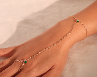 Birthstone Gold Hand Chain Bracelet for Her Link Ring Bracelet slave Bracelet Finger Chain Bracelet