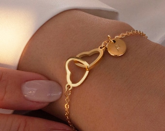 16K Gold Double Heart Initial Bracelet: Personalized Charm