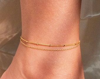 Gold Double Chain Anklet: Personalized Initial Coin Charm