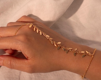 Gold leaves hand chain ring chacha slave ring chain bracelet best gift for her