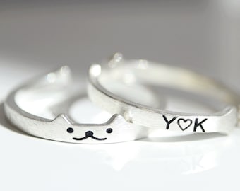 Sterling Silver cute Cat Ring Personalized initial kitty Adjustable Ring