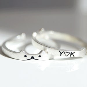 Sterling Silver Cat Ring: Personalized Initial Kitty, Adjustable Band