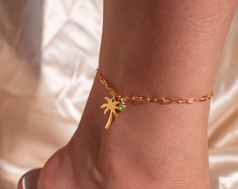 Palm tree birthstone anklet shiny layered chain anklets best gift for her trendy anklets birthday gift