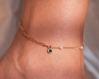 Half pearl half clip chain anklet birthstone unique anklets trendy ankle bracelet gift for her