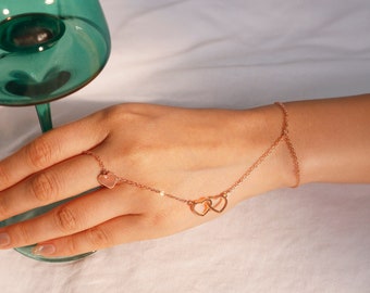 Double heart ring bracelet cute link hand chain slave bracelet best gift for her ring chain bracelets