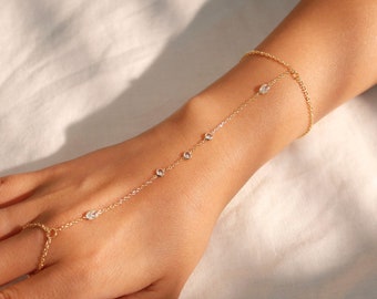 16K Gold Dainty plated Hand Chain Bracelet for Her Link Ring Bracelet slave Bracelet Finger Chain Bracelet