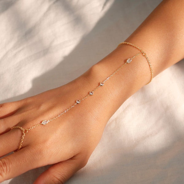16K Gold Dainty plated Hand Chain Bracelet for Her Link Ring Bracelet slave Bracelet Finger Chain Bracelet